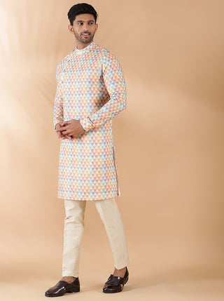 Cream Multi Printed Kurta For Men