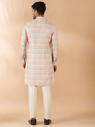 Cream Multi Printed Kurta For Men