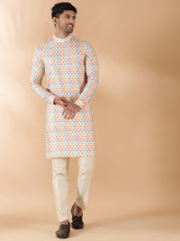 Cream Multi Printed Kurta For Men