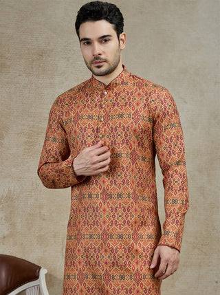 Beige & Maroon Printed Kurta For Men