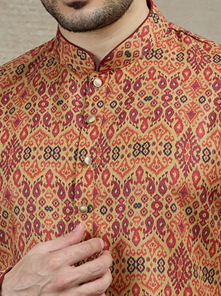 Beige & Maroon Printed Kurta For Men