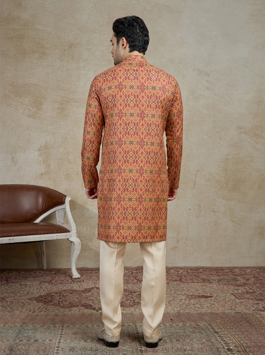 Beige & Maroon Printed Kurta For Men