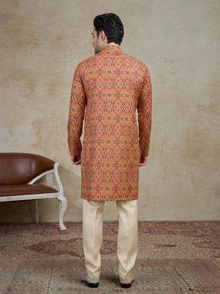 Beige & Maroon Printed Kurta For Men