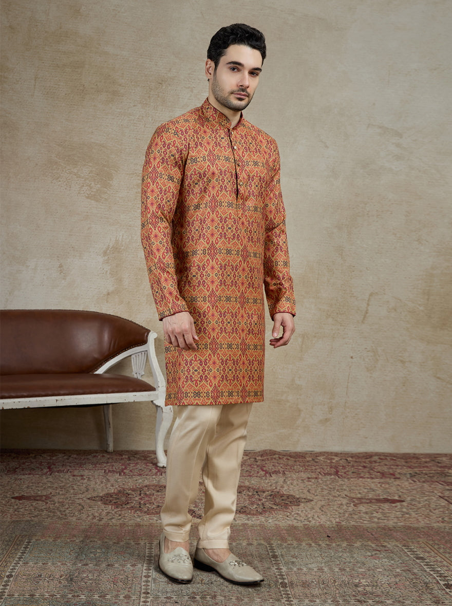 Beige & Maroon Printed Kurta For Men