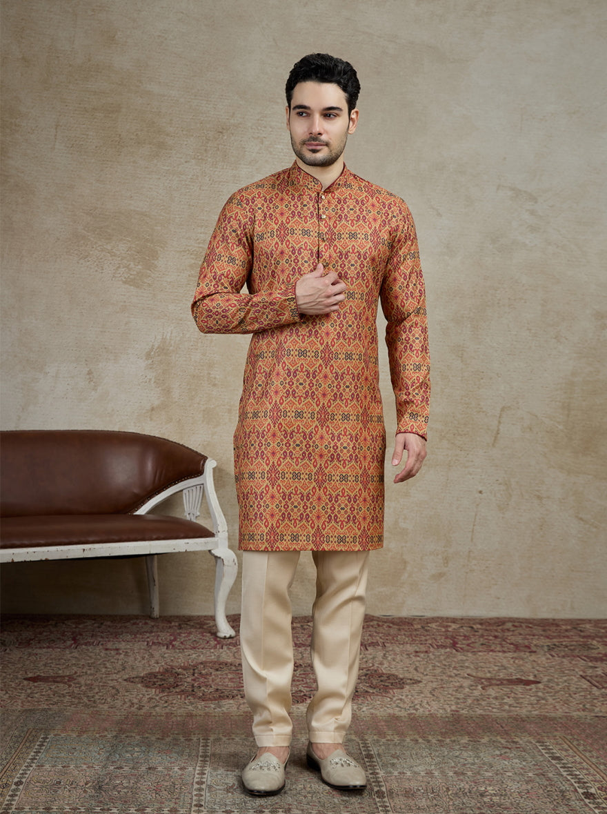 Beige & Maroon Printed Kurta For Men