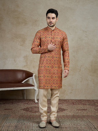 Beige & Maroon Printed Kurta For Men