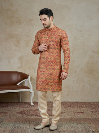Beige & Maroon Printed Kurta For Men