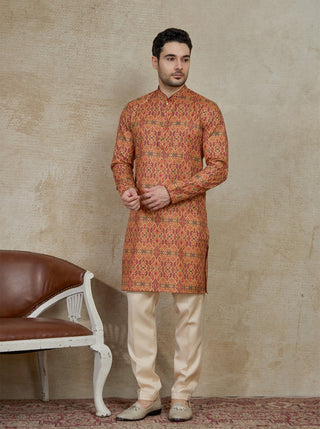 Beige & Maroon Printed Kurta For Men