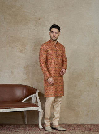 Beige & Maroon Printed Kurta For Men