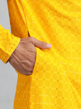 Mustard Bright Yellow Embroidered Kurta For Men