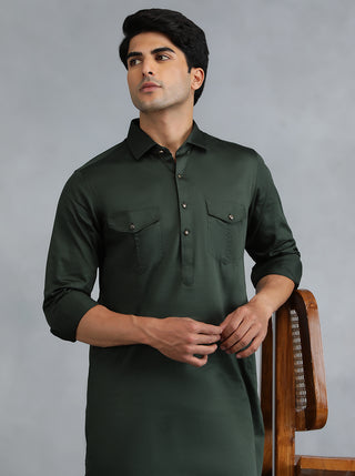 Bottle Green Solid Pathani Kurta for Men