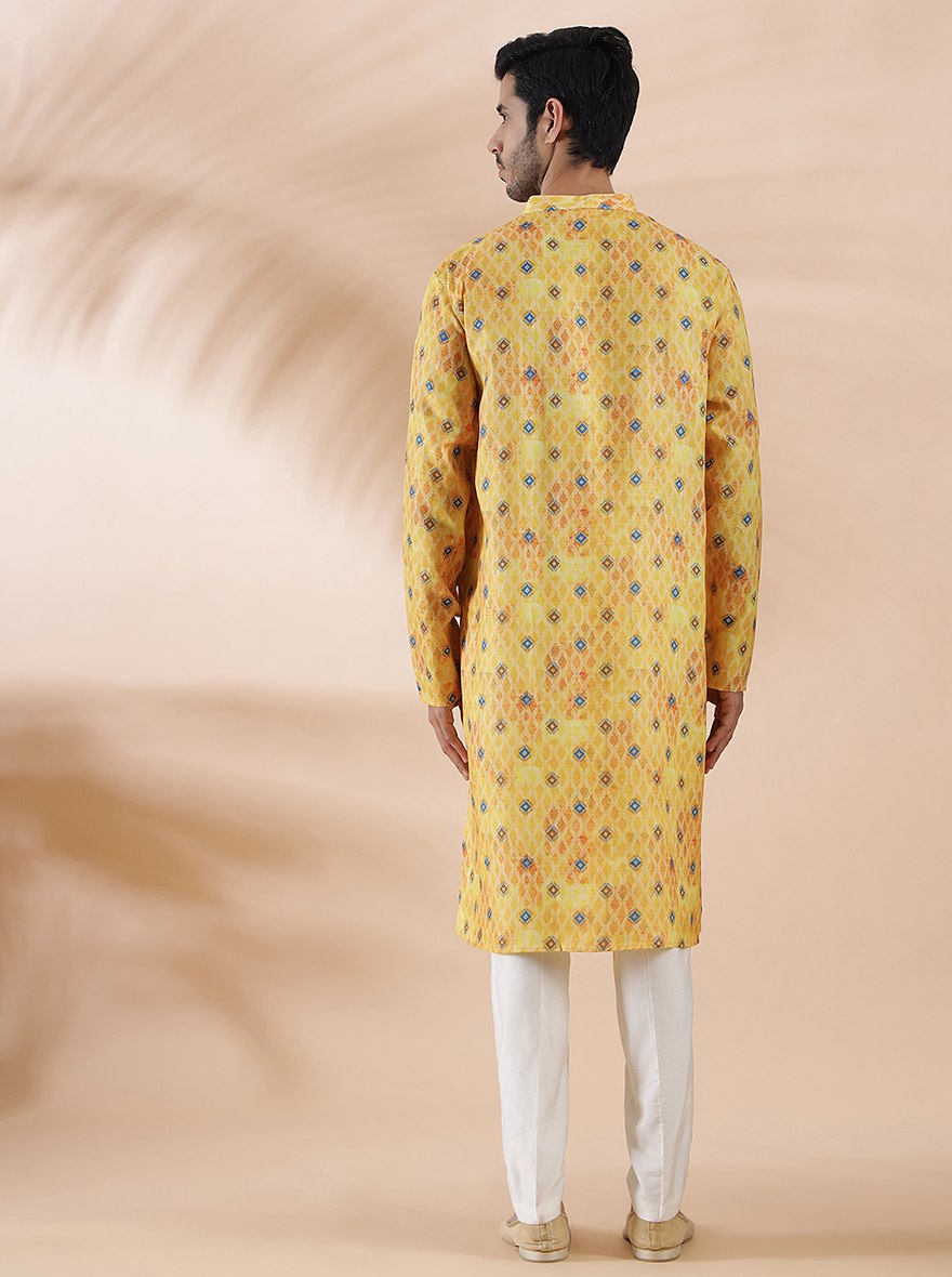 Vibrant Yellow & Blue Printed Kurta For Men