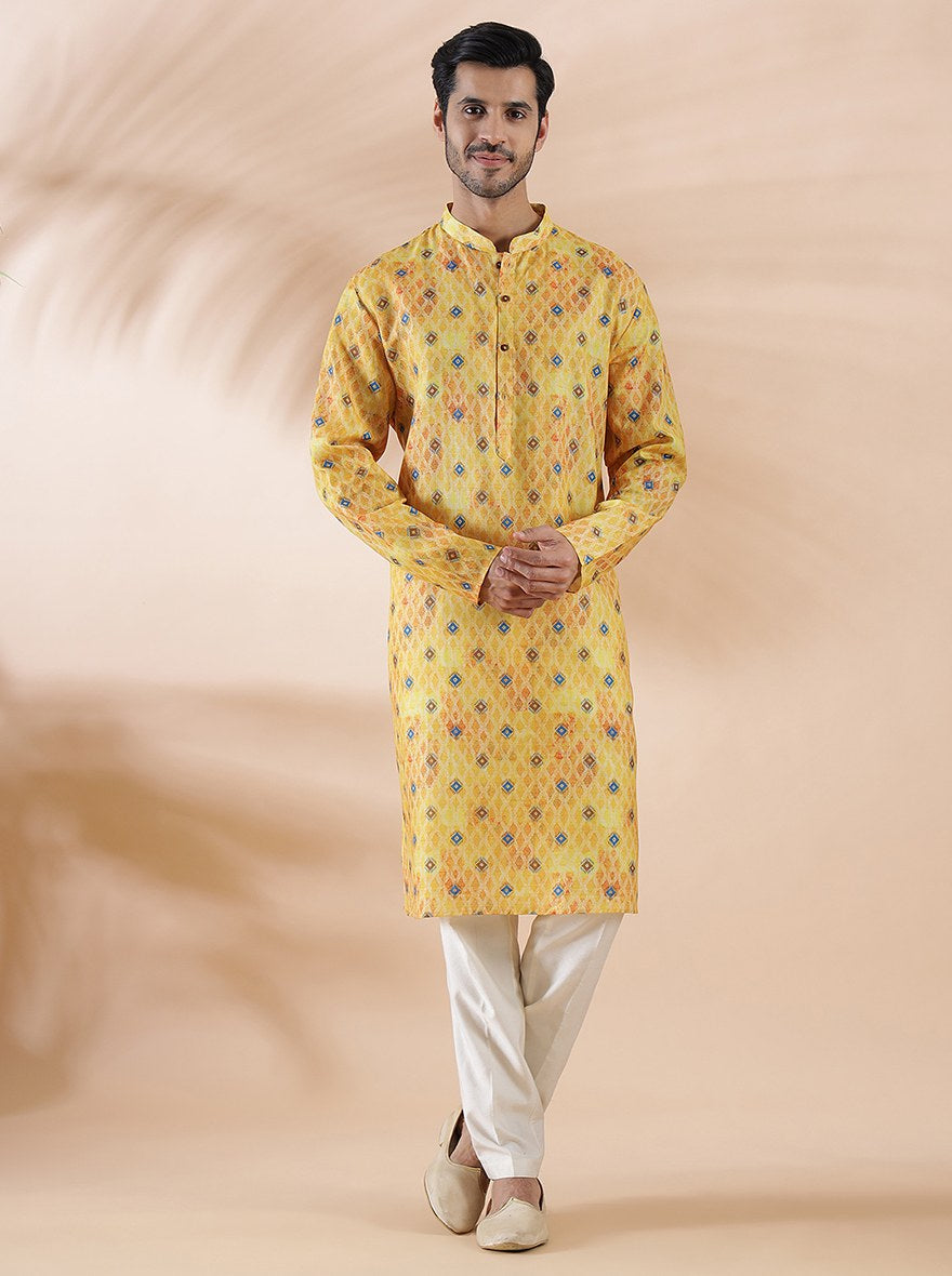 Vibrant Yellow & Blue Printed Kurta For Men