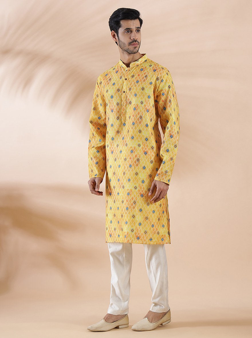 Vibrant Yellow & Blue Printed Kurta For Men