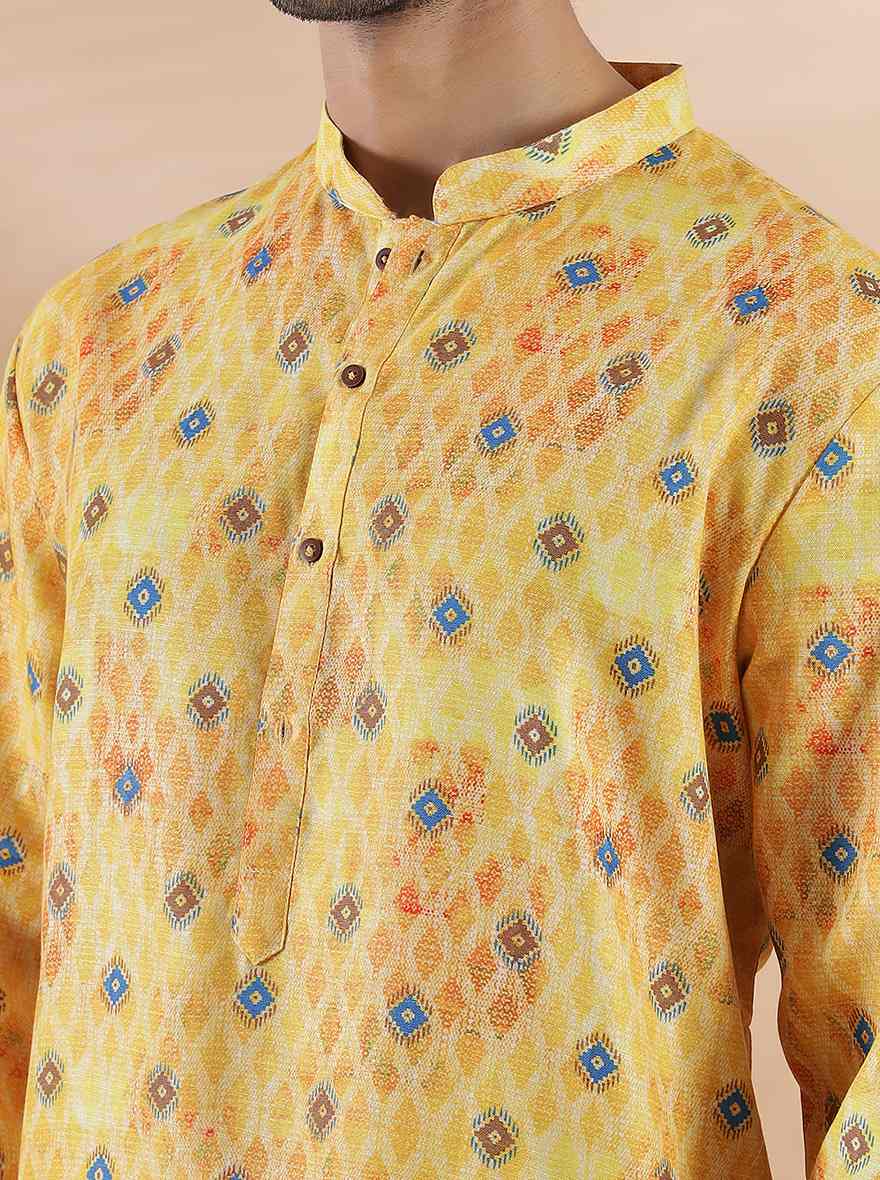 Vibrant Yellow & Blue Printed Kurta For Men