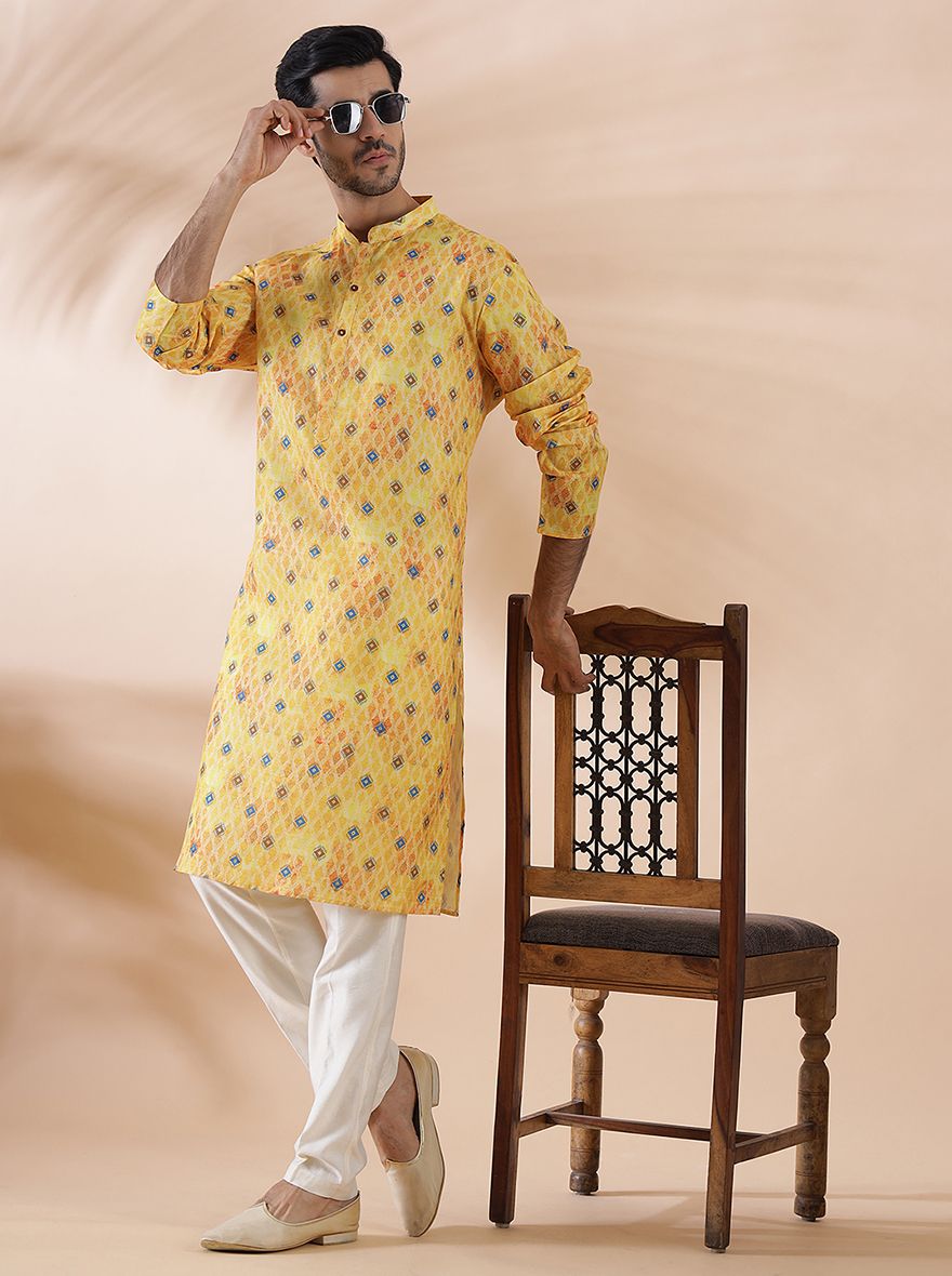 Vibrant Yellow & Blue Printed Kurta For Men