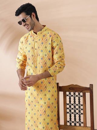 Vibrant Yellow & Blue Printed Kurta For Men