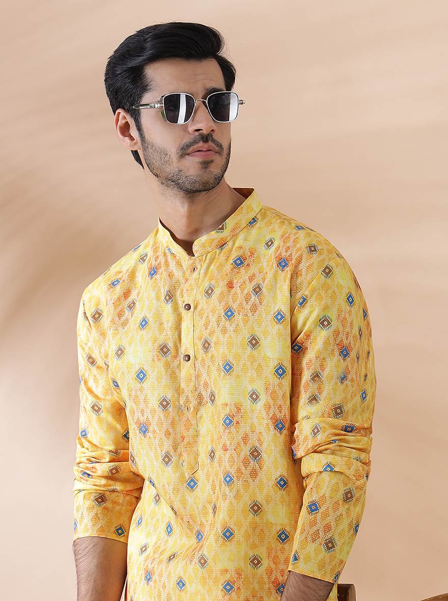 Vibrant Yellow & Blue Printed Kurta For Men