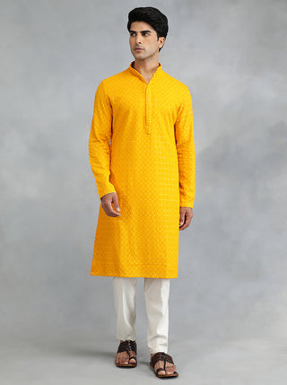 Mustard Bright Yellow Embroidered Kurta For Men