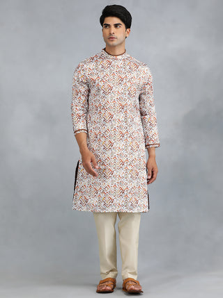 White Red Self Design Kurta for Men