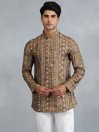 White Brown Self Design Kurta for Men