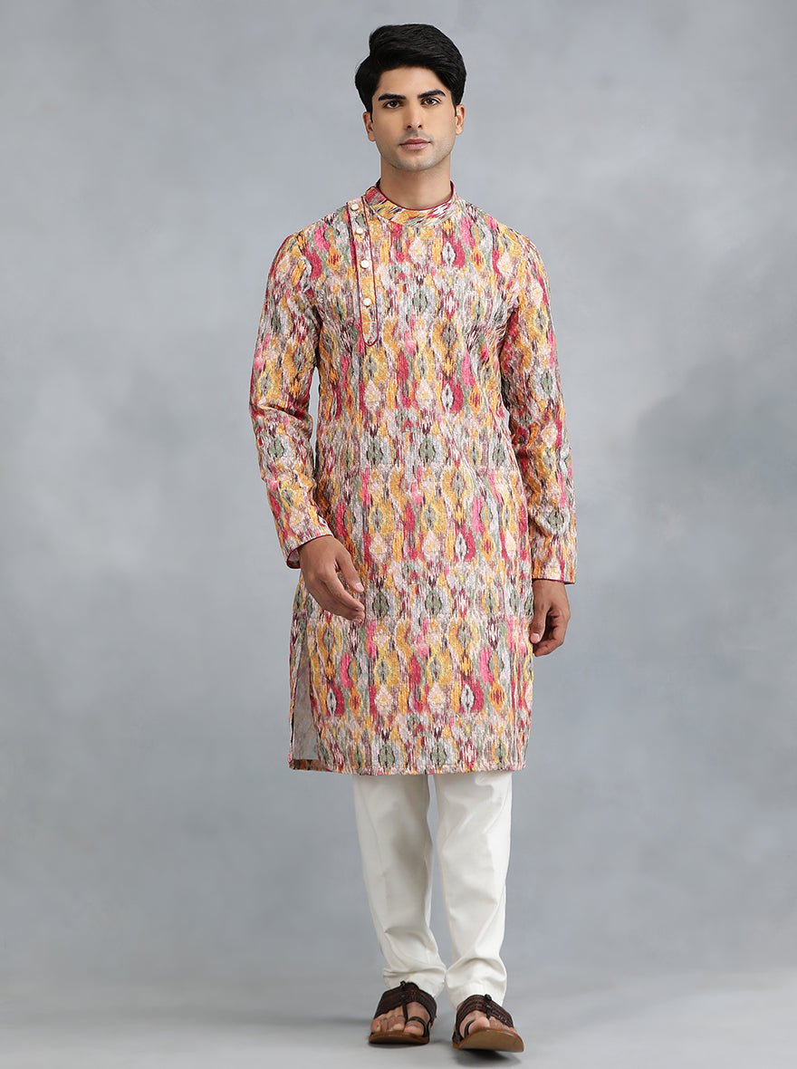 Pink & Yellow Printed Kurta for Men