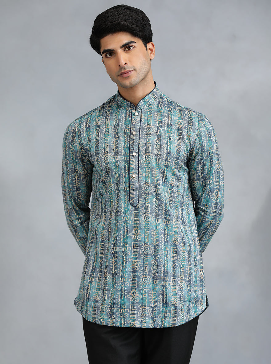 Teal Blue Printed Kurta for Men