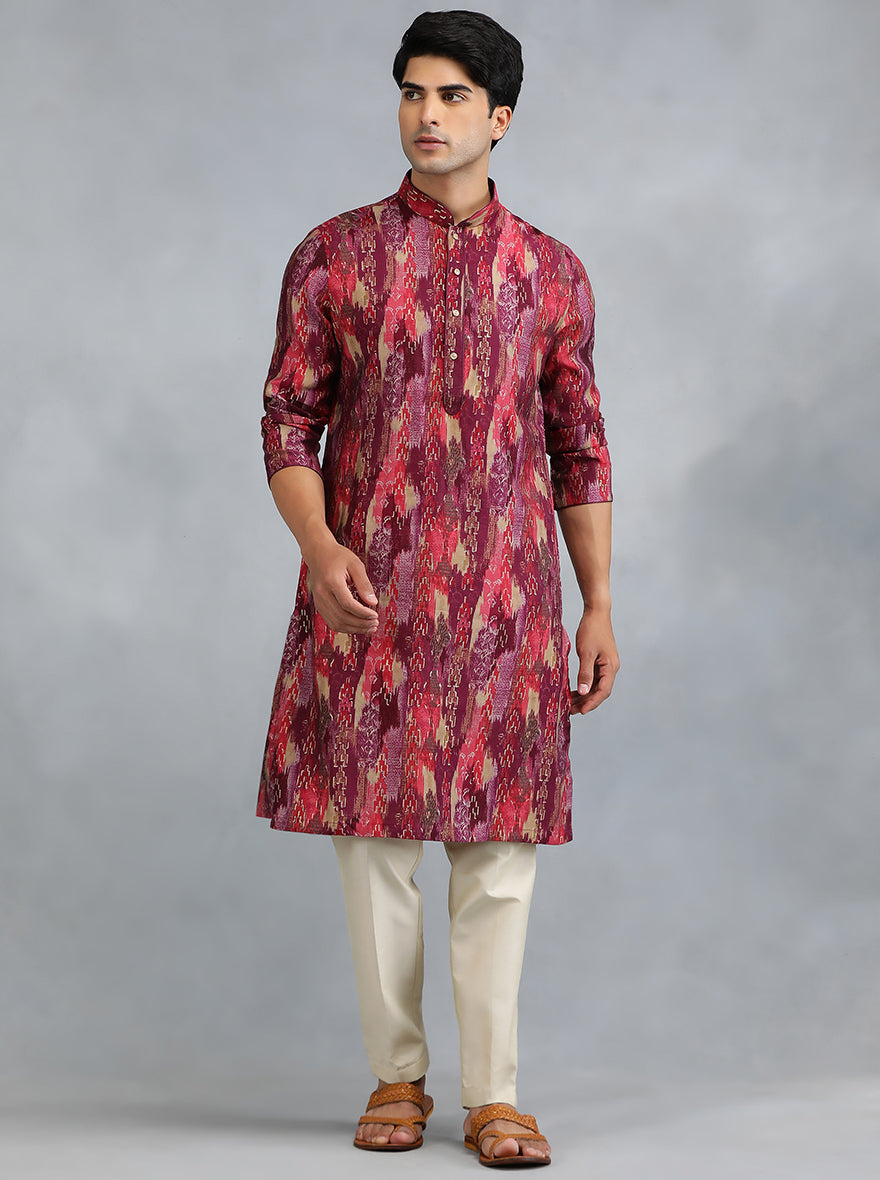 Red Maroon Self Design Kurta for Men