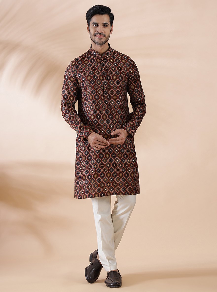 Brown Multi Printed Kurta For Men