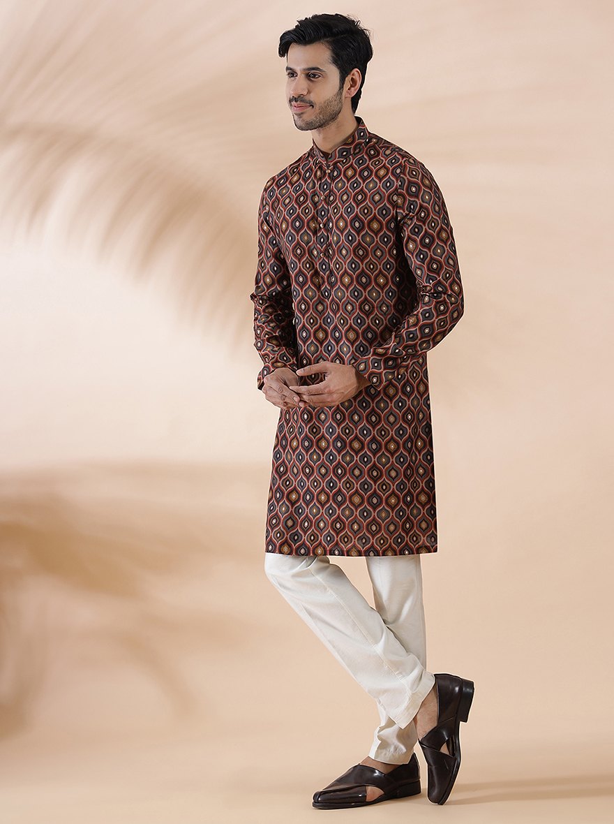 Brown Multi Printed Kurta For Men