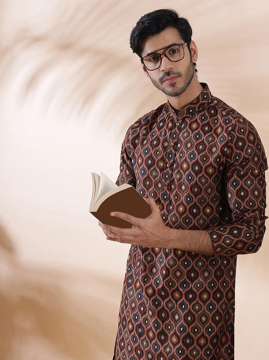 Brown Multi Printed Kurta For Men