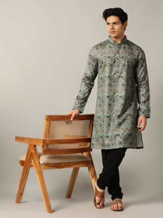 Dusty Green Printed Kurta For Men