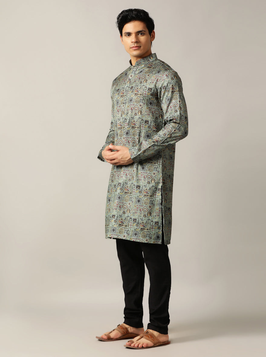 Dusty Green Printed Kurta For Men