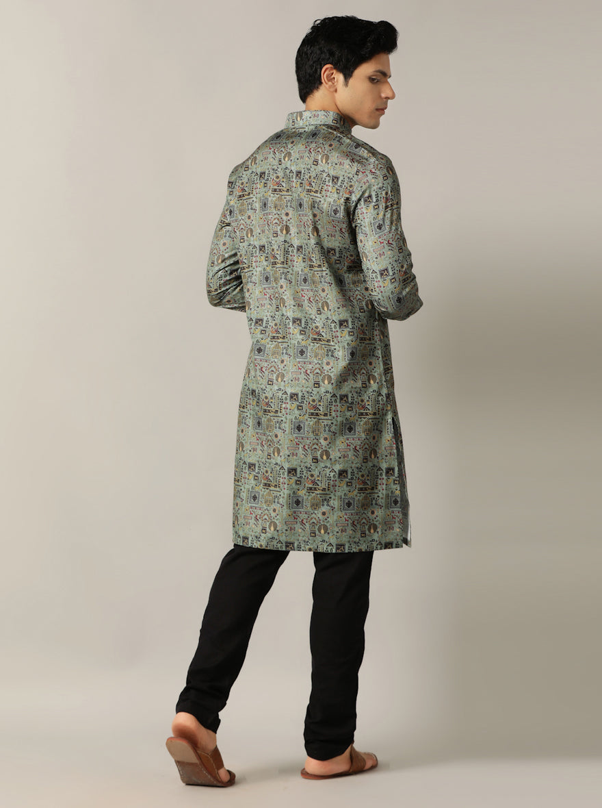 Dusty Green Printed Kurta For Men