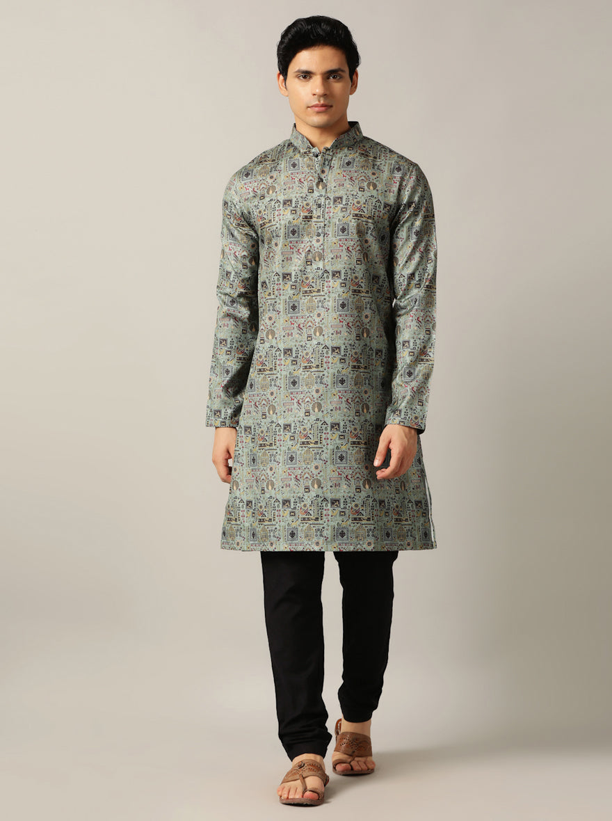 Dusty Green Printed Kurta For Men