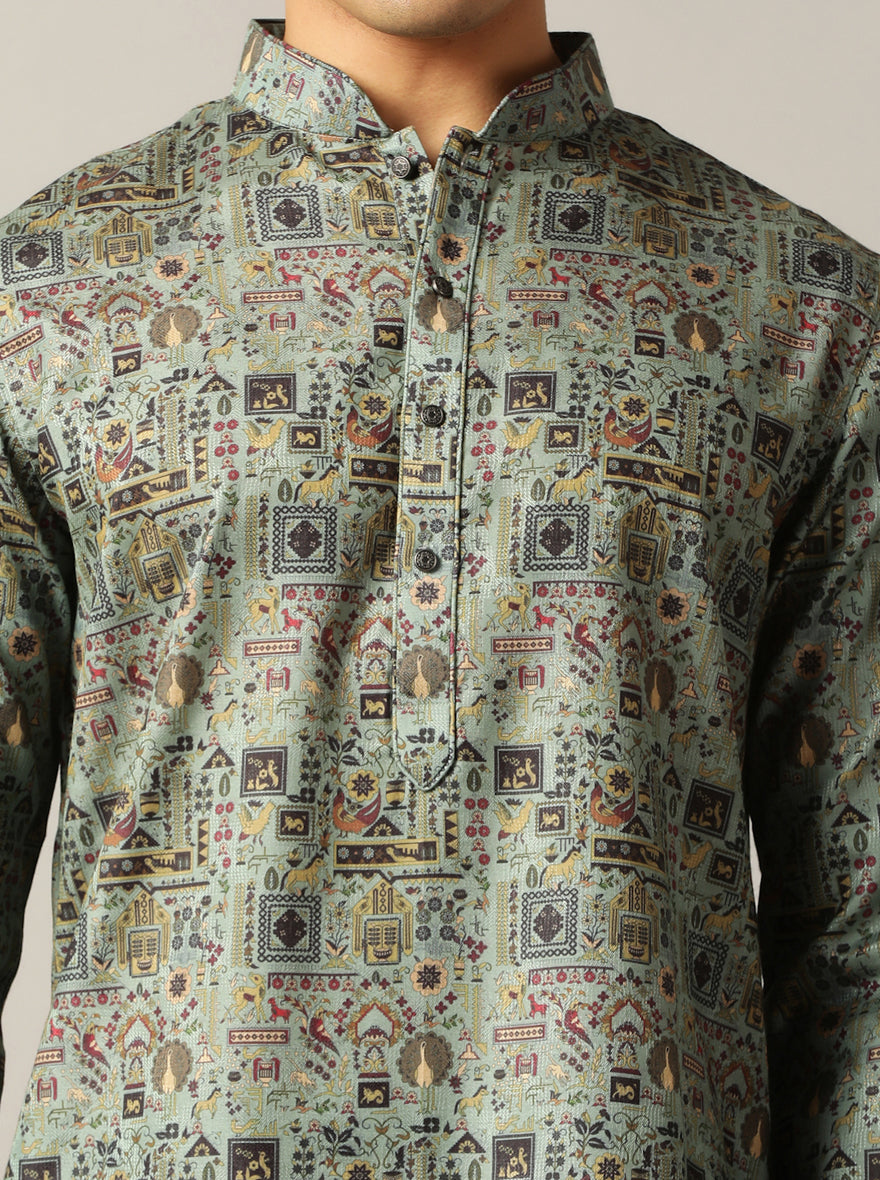 Dusty Green Printed Kurta For Men