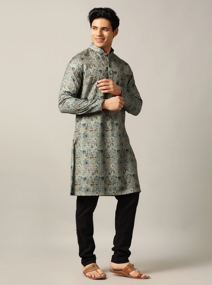 Dusty Green Printed Kurta For Men