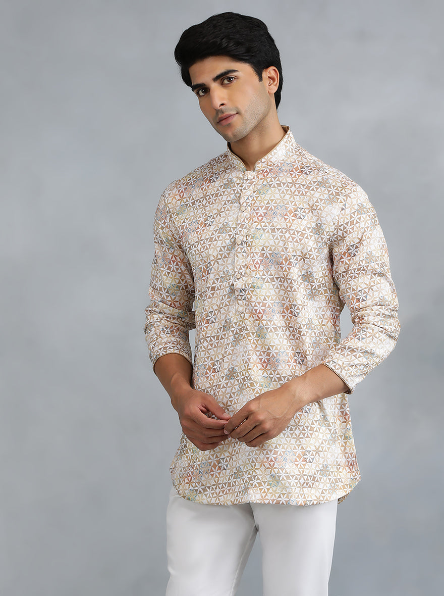 White Brown Self Design Kurta for Men