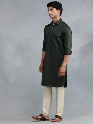 Bottle Green Solid Pathani Kurta for Men