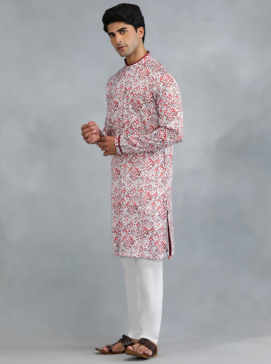 White Red Self Design Kurta for Men