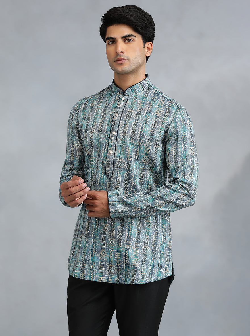 Teal Blue Printed Kurta for Men