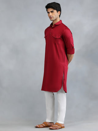 Blood Red Solid Pathani Kurta for Men