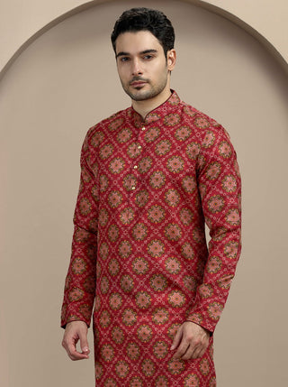 Maroon Printed Kurta For Men