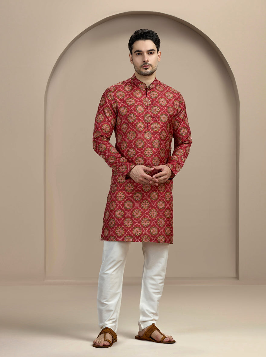 Maroon Printed Kurta For Men