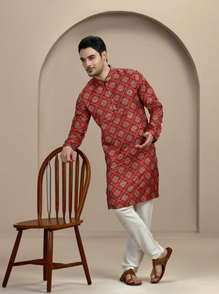 Maroon Printed Kurta For Men