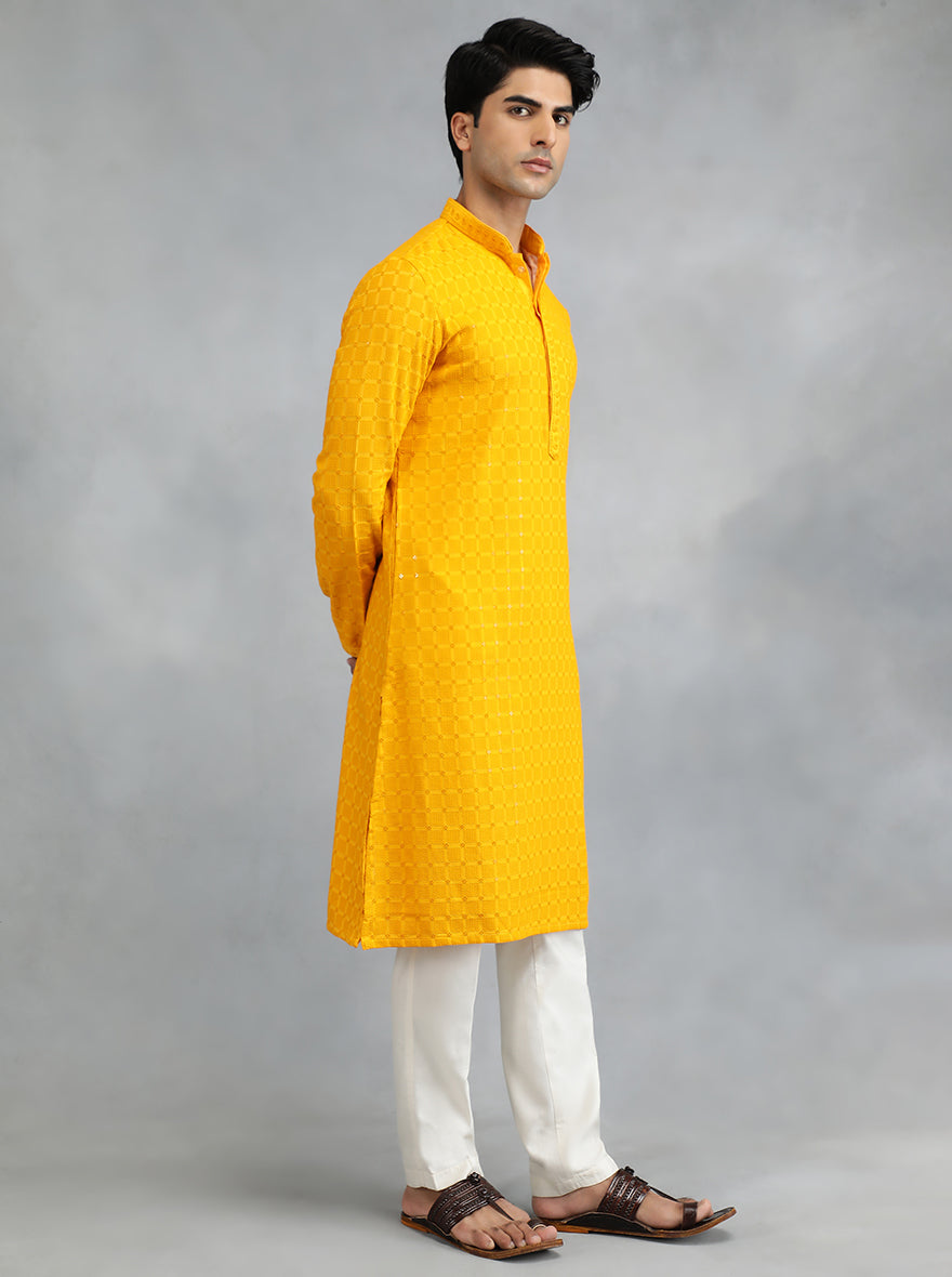 Mustard Bright Yellow Embroidered Kurta For Men