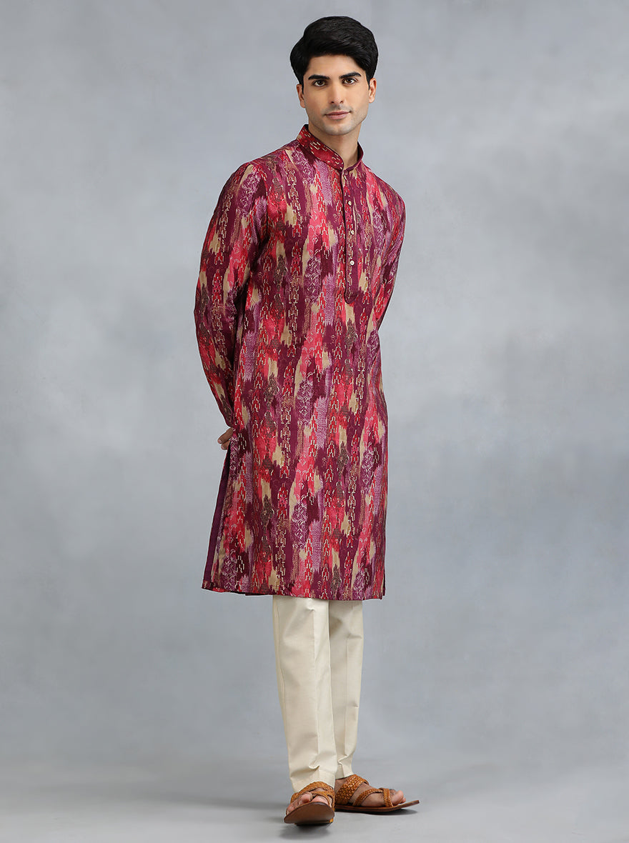 Red Maroon Self Design Kurta for Men