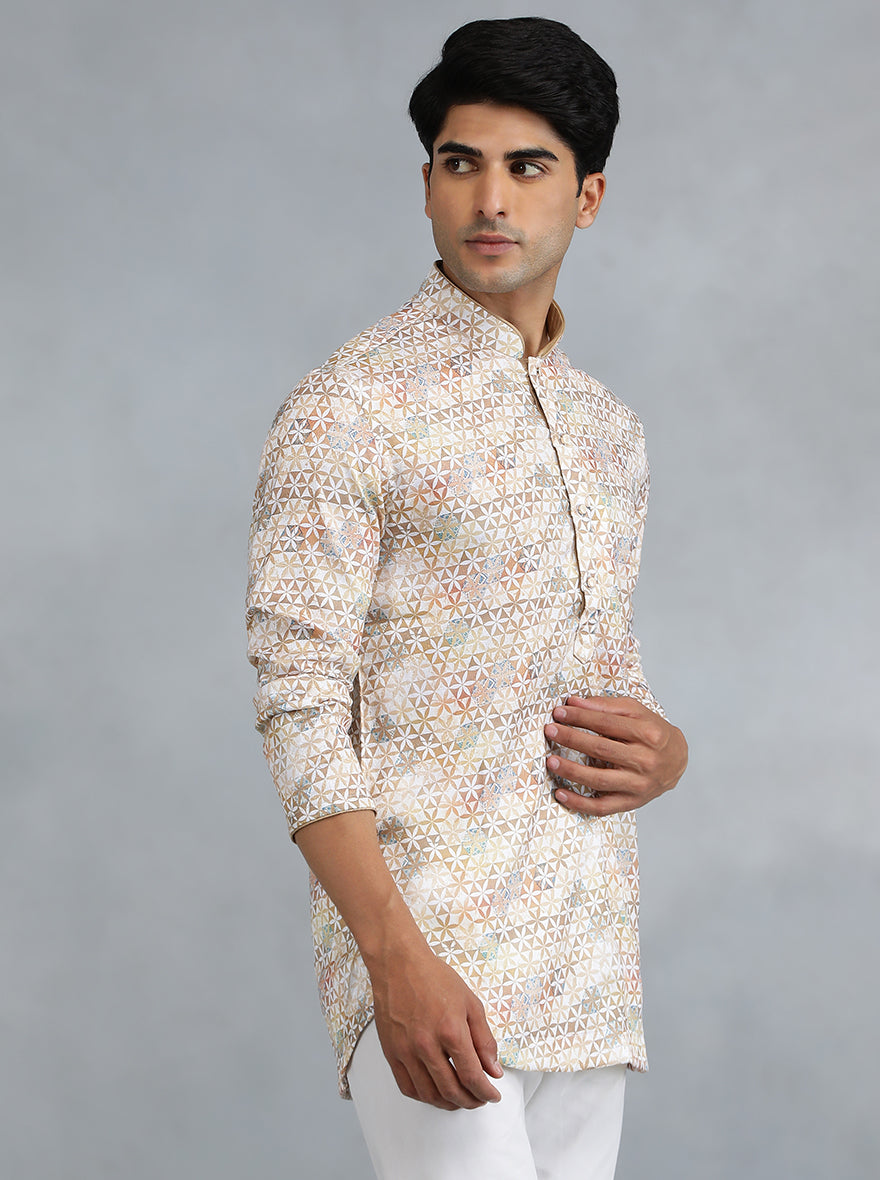 White Brown Self Design Kurta for Men