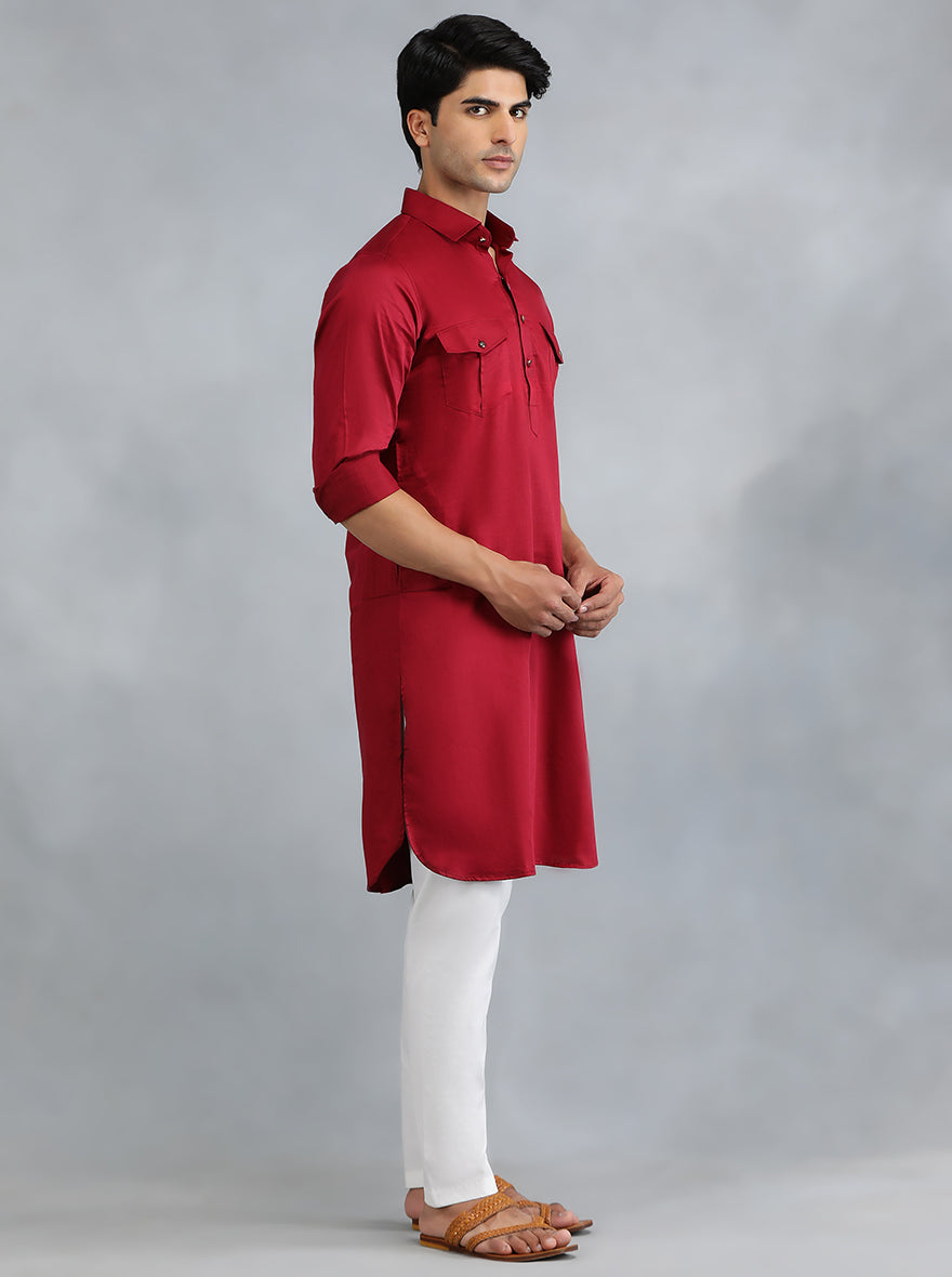 Blood Red Solid Pathani Kurta for Men