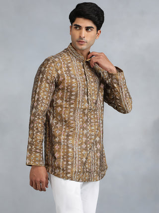 White Brown Self Design Kurta for Men